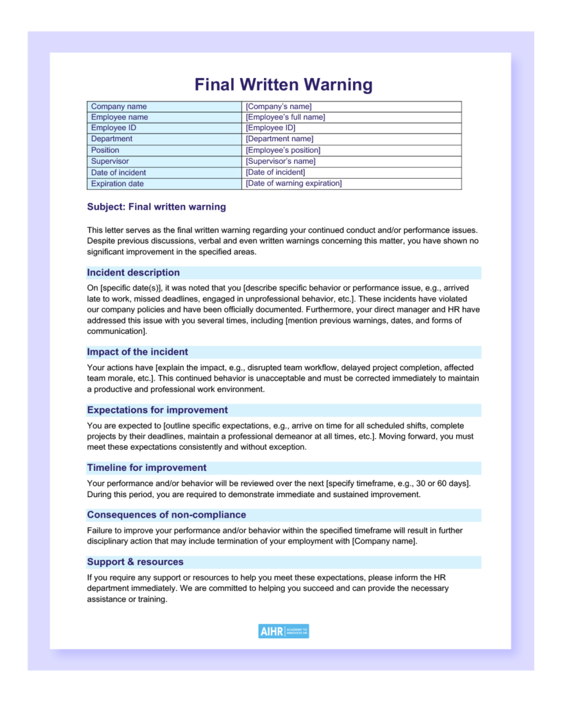 Sample of a final written warning letter