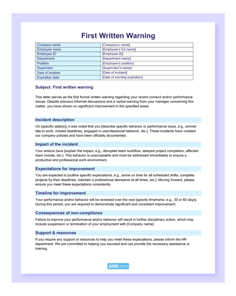 Sample of a first written warning letter
